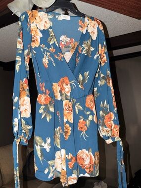 Everly Blue Floral Long-Sleeve Wrap Romper with Orange Rose Print
